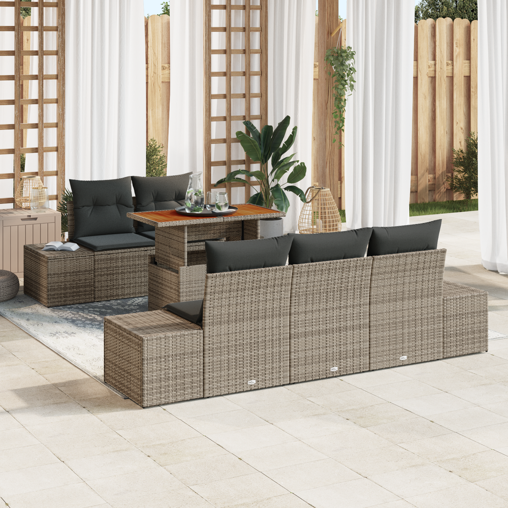 6-piece garden dining set with grey cushions, poly rattan and acacia