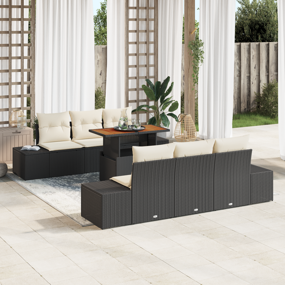 7-Piece Garden Dining Set with Cushions Black Poly Rattan Acacia