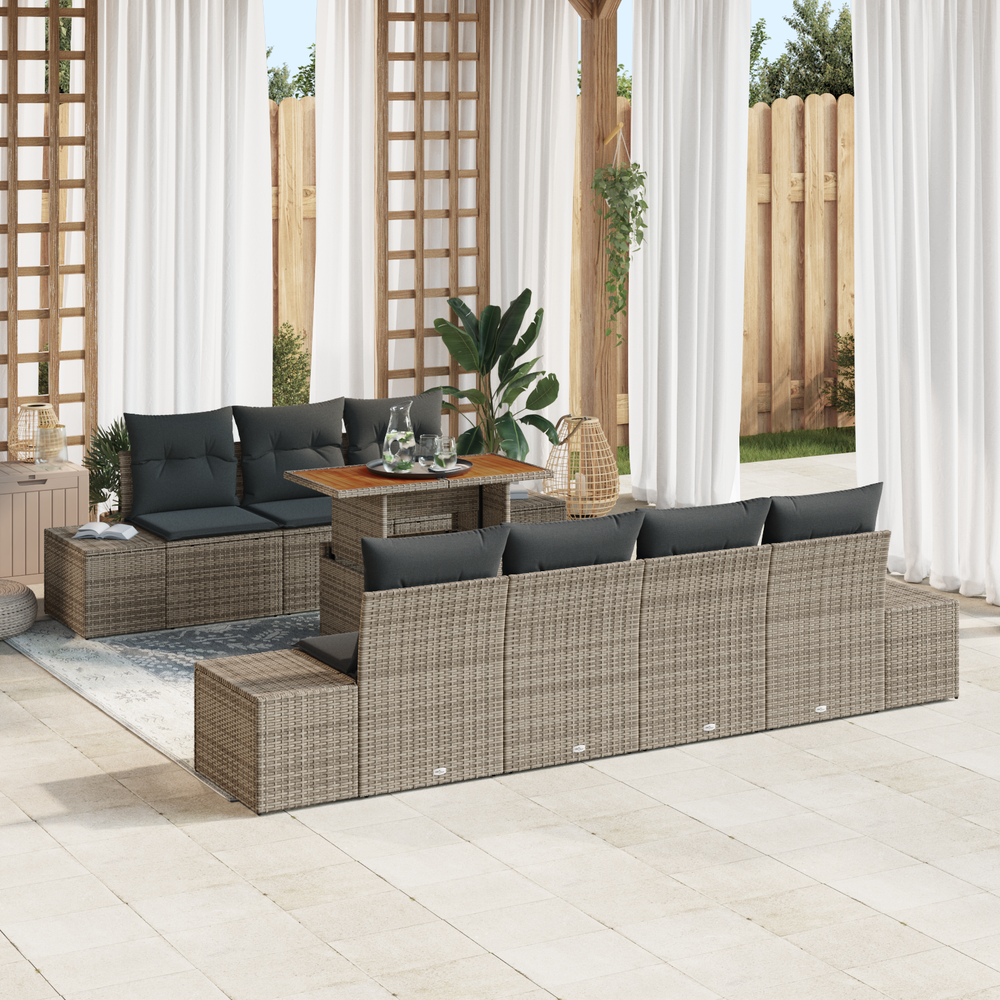 8-piece outdoor dining set with cushions, grey poly rattan and acacia wood