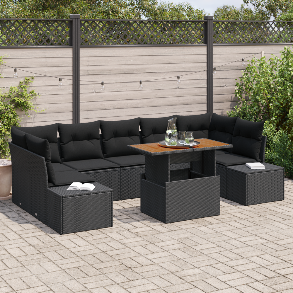8-piece garden dining set with cushions, black poly rattan, acacia