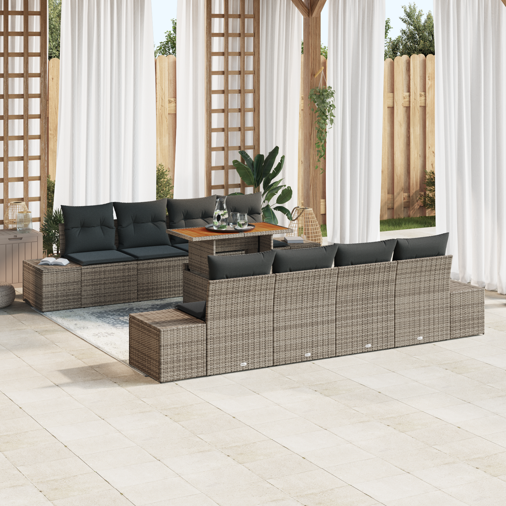 9-piece garden dining set with cushions, grey poly rattan, acacia