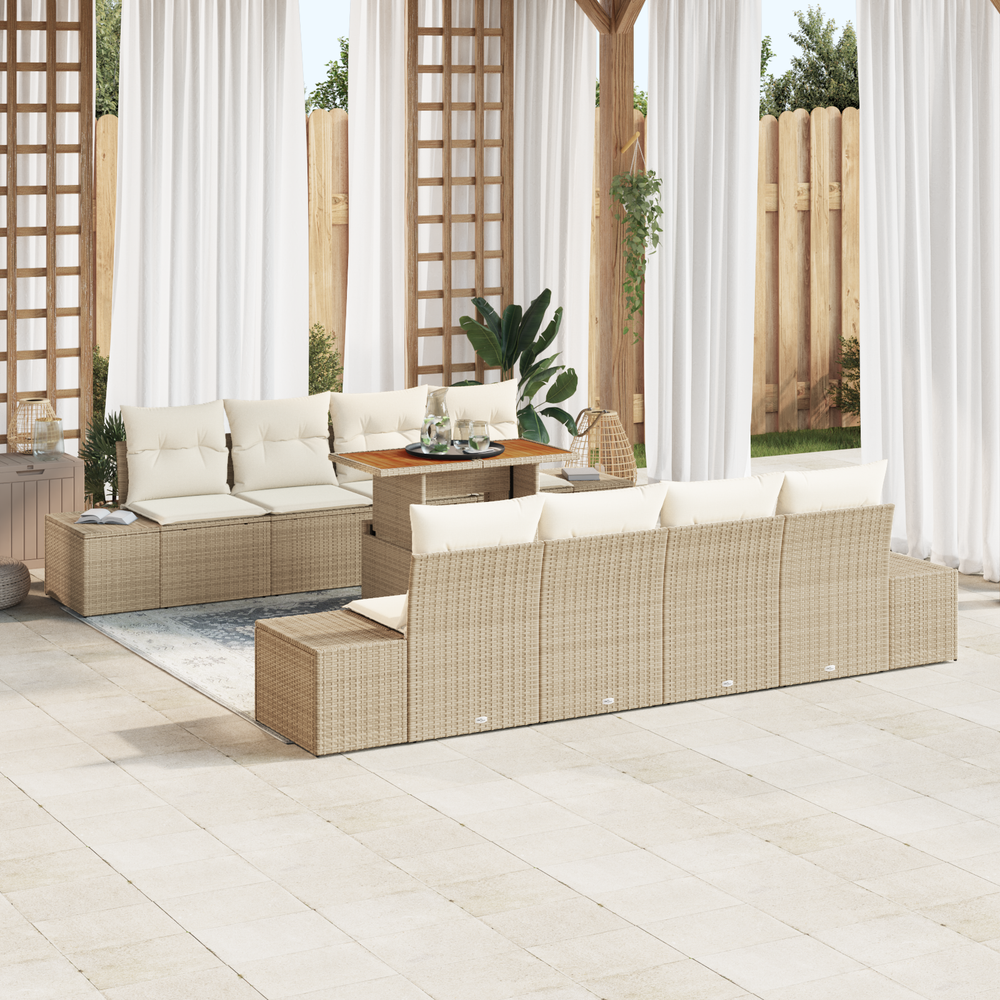 9-piece garden dining set with cushions, beige poly rattan, acacia