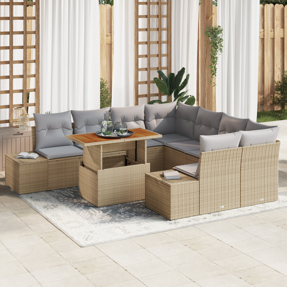 9-piece Garden Dining Set with Cushions, Beige Poly Rattan, Acacia Wood