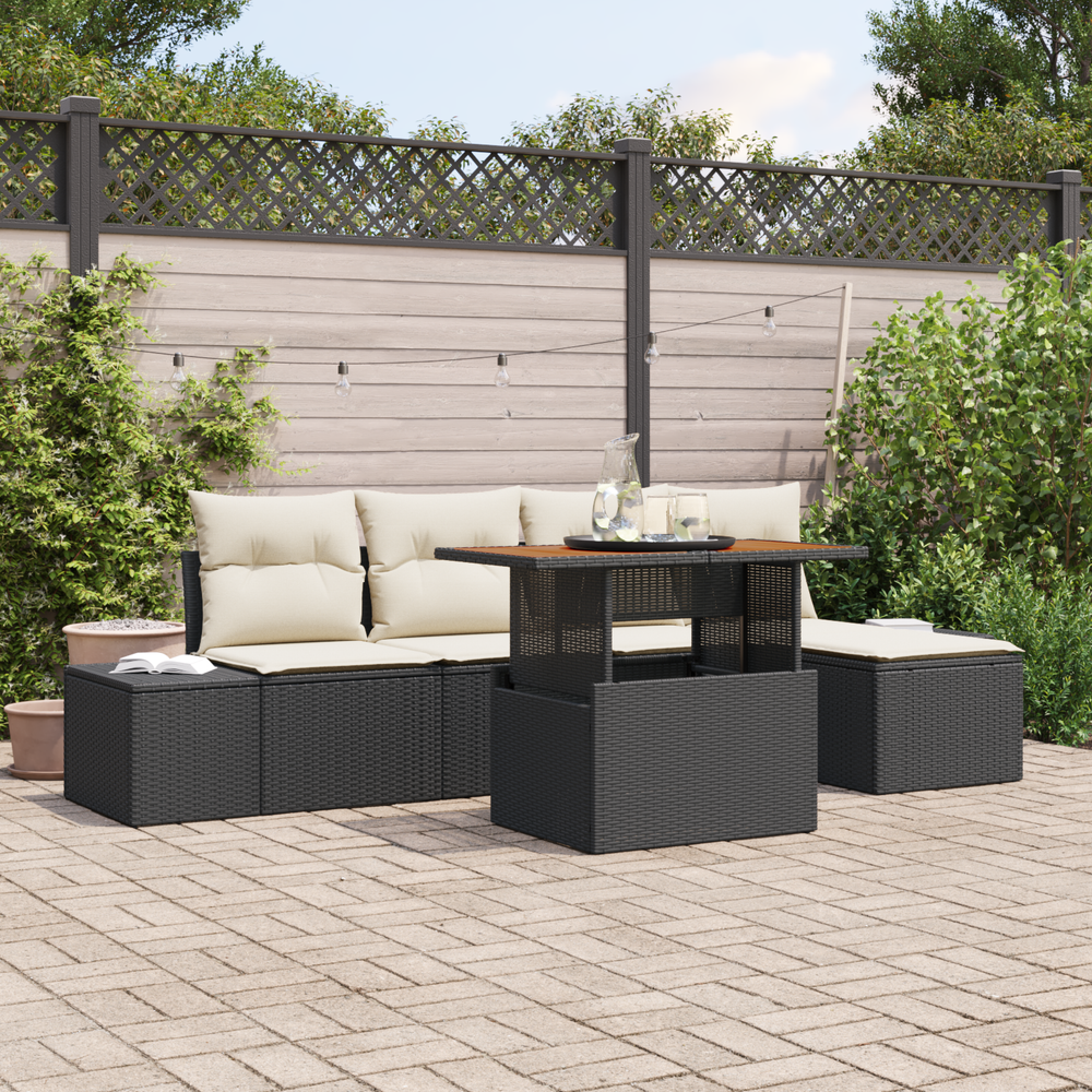 6-piece garden dining set with cushions, black poly rattan, acacia wood