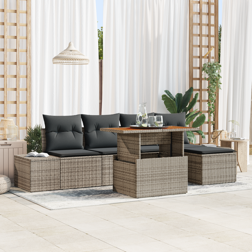 6-piece Garden Dining Set with Cushions, Grey Poly Rattan, Acacia