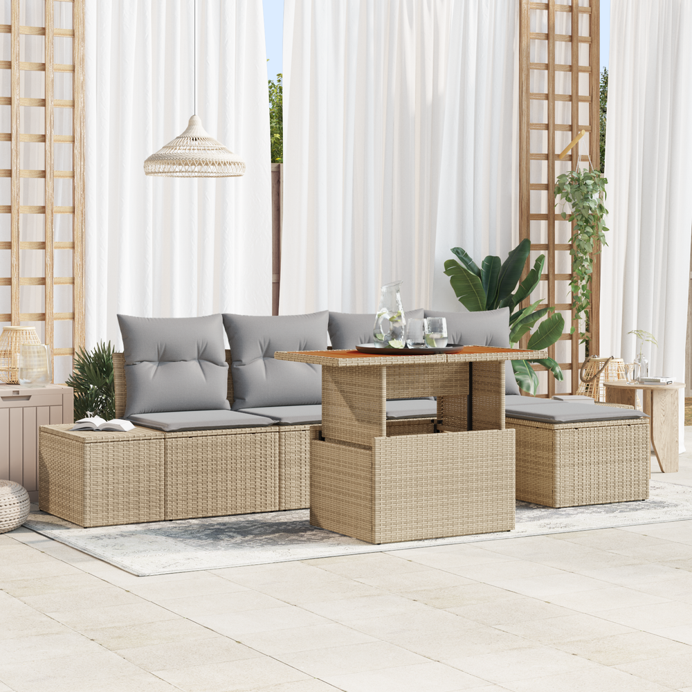 6-piece garden dining set with cushions, sand-coloured poly rattan, acacia