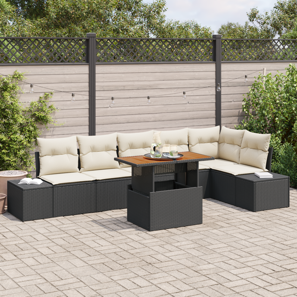 7-Piece Garden Dining Set with Cushions Black Poly Rattan Acacia