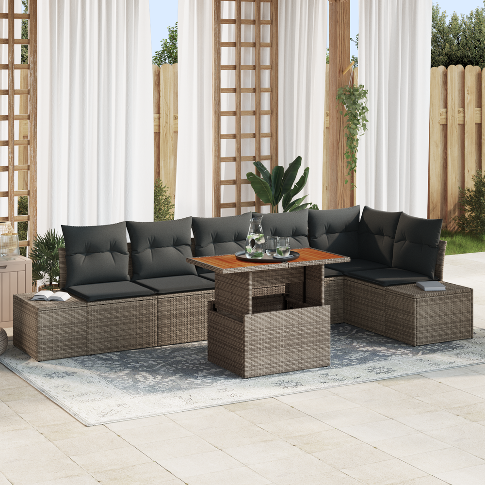 7-piece garden dining set with cushions, grey poly rattan, acacia wood