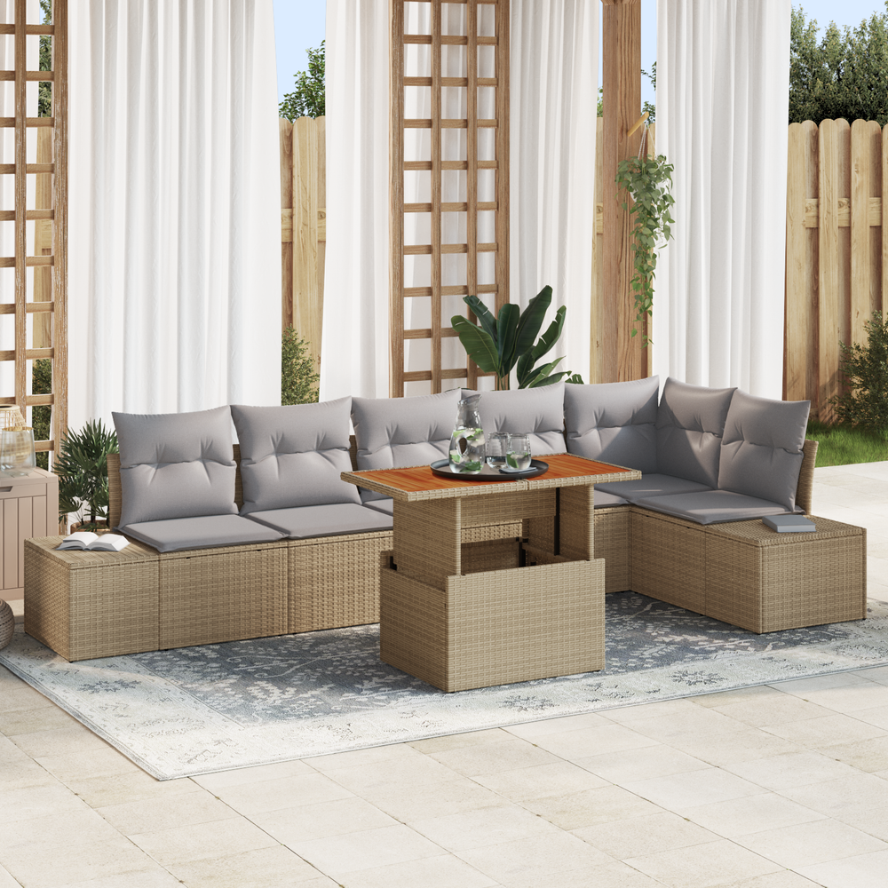 7-piece Garden Dining Set with Cushions Sand Polyrattan, Acacia