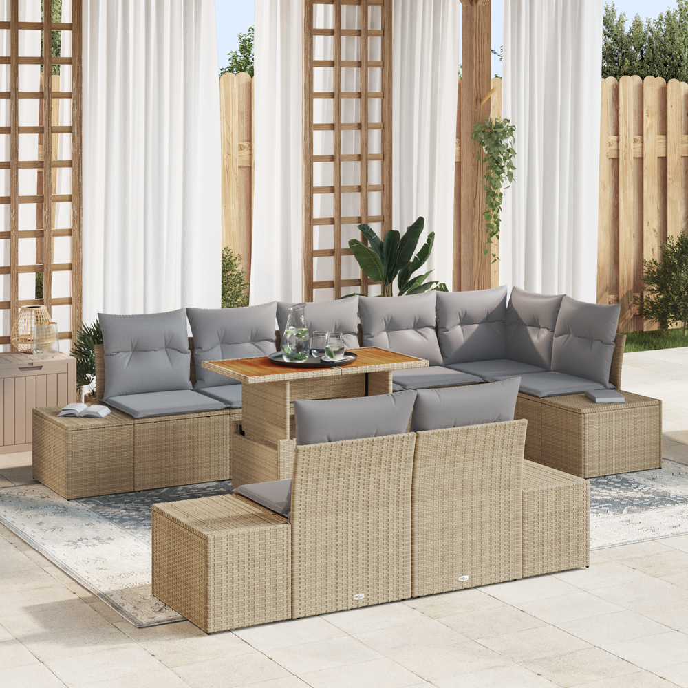 9-piece garden dining set with cushions in sand-colored poly rattan and acacia.