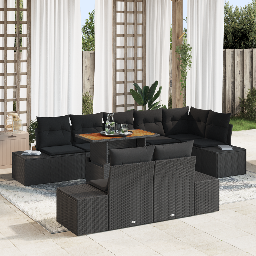 9-piece Garden Dining Set with Cushions, Black Poly Rattan, Acacia