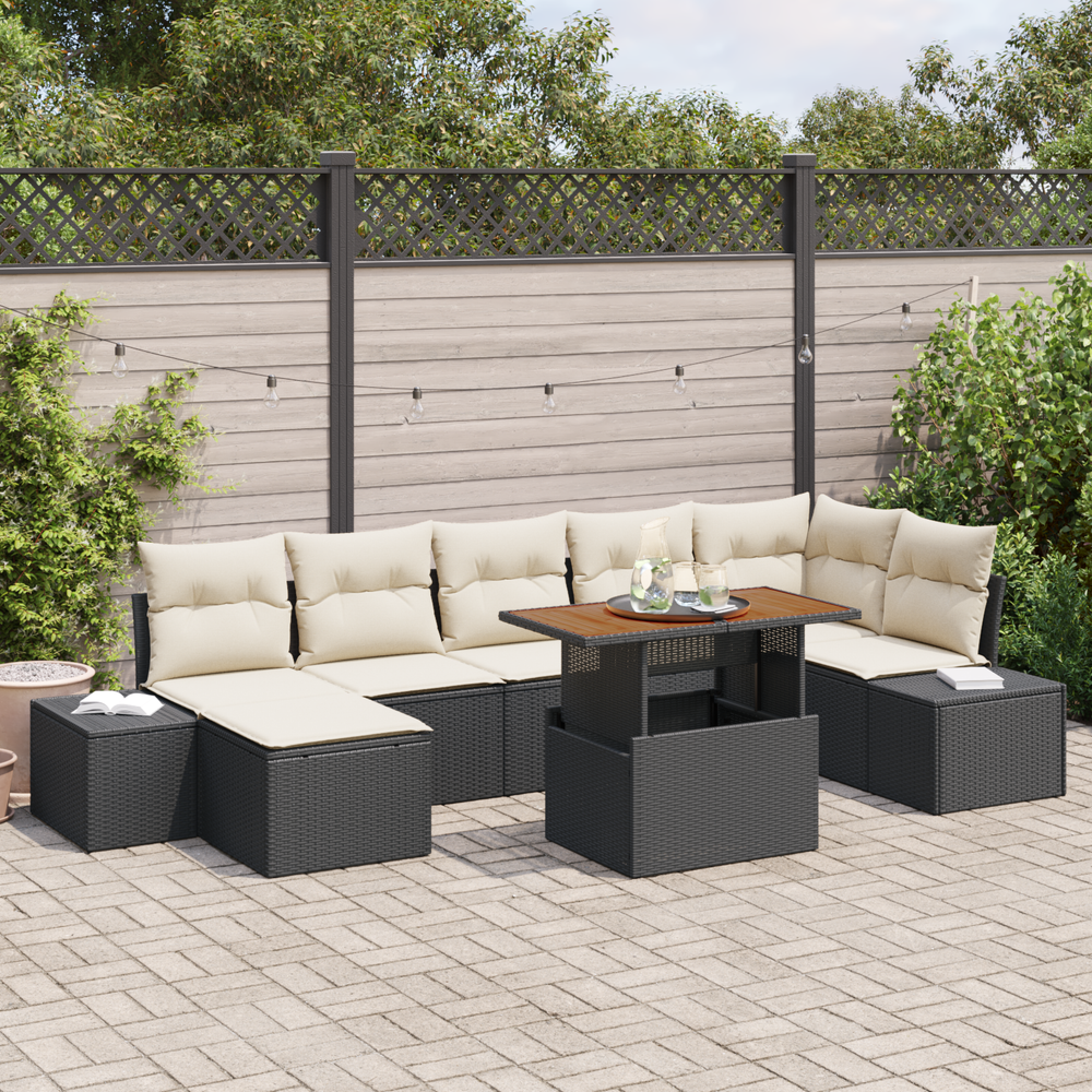 8-piece garden dining set with cushions, black poly rattan and acacia.