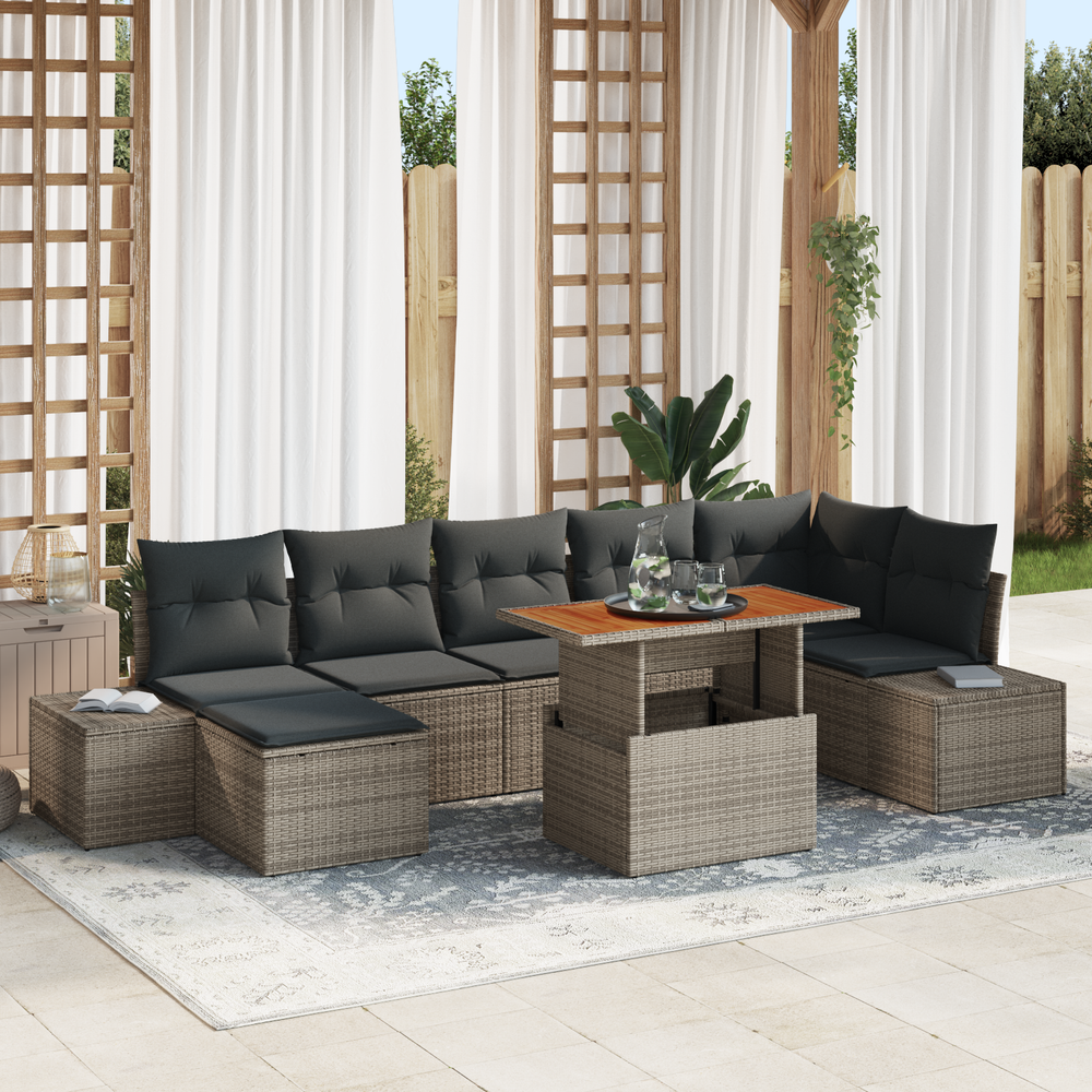 8-piece garden dining set with cushions, grey, made of poly rattan and acacia wood