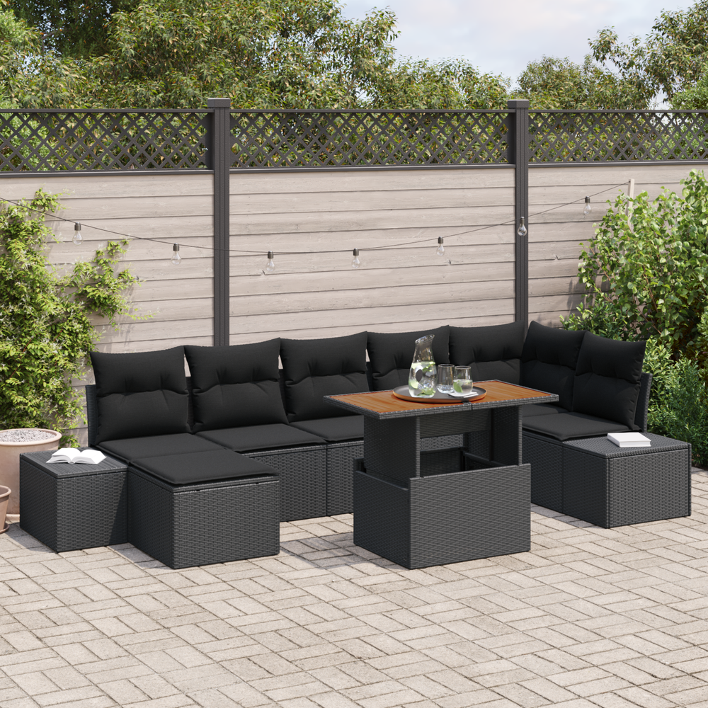 8-piece garden dining set with cushions, black polished rattan, acacia