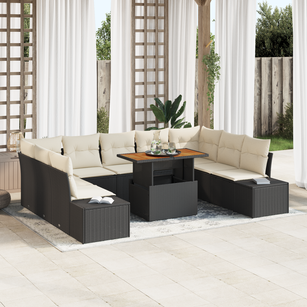 10-piece garden dining set with cushions, black polyrattan acacia