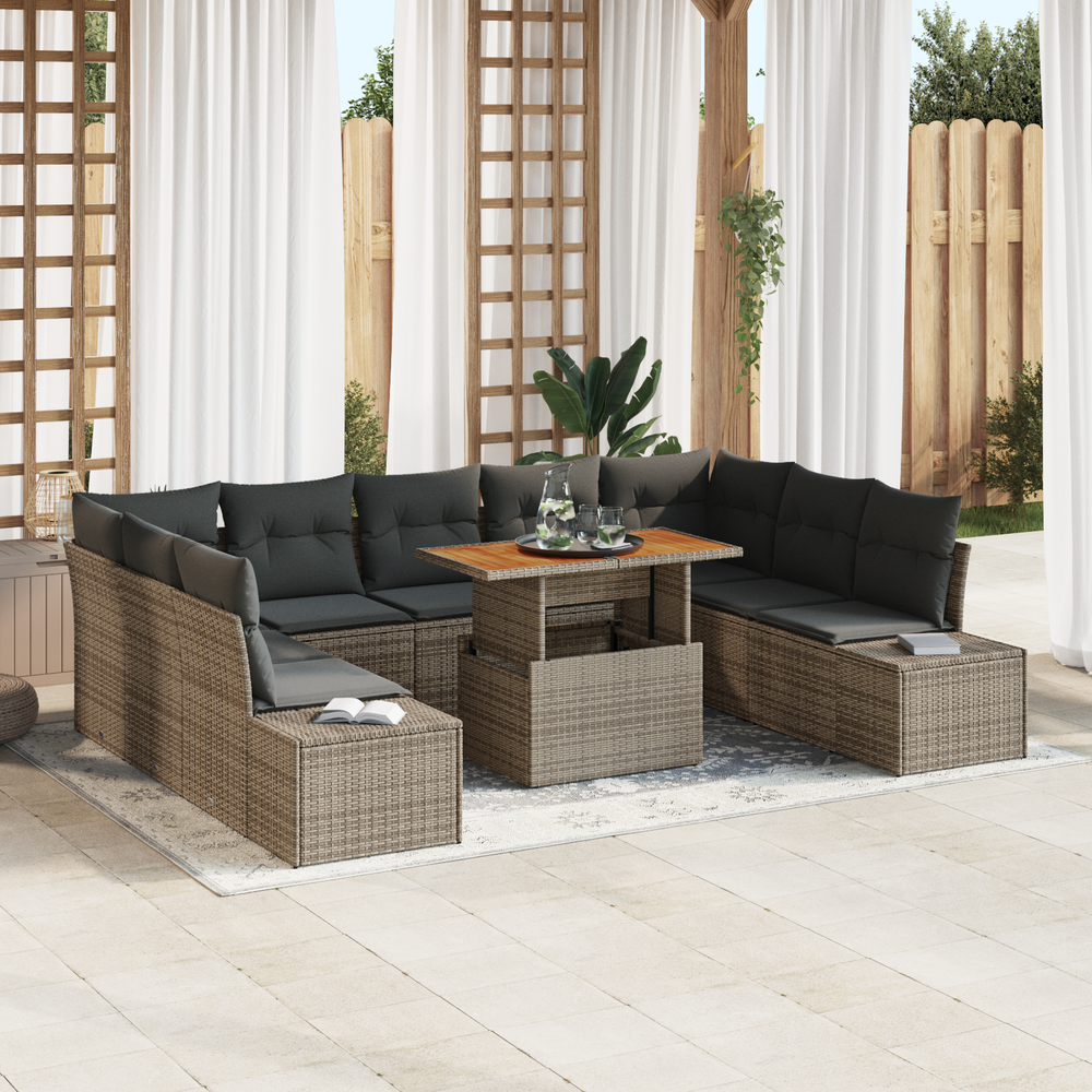 10-piece garden dining set with cushions grey poly rattan acacia