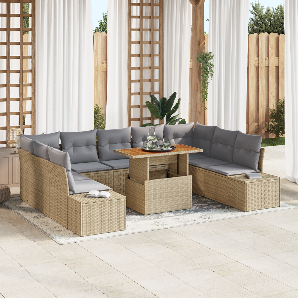 10-piece garden dining table with cushions sand poly rattan acacia