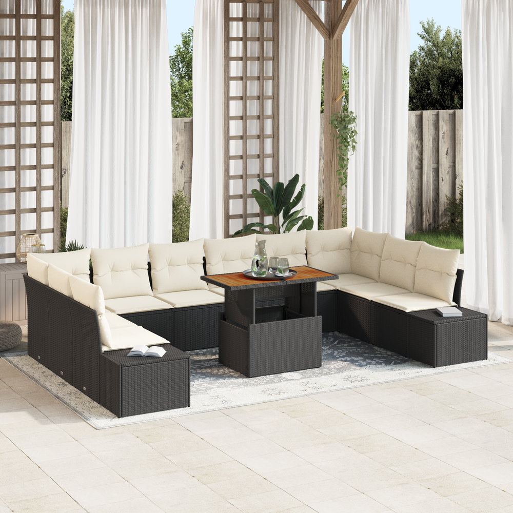 11-piece garden dining set with cushions black poly rattan acacia wood