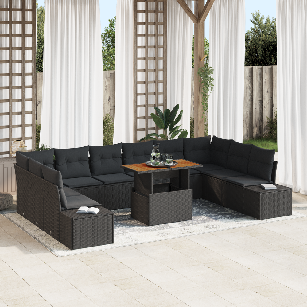 11-piece garden dining set with black cushions and acacia wood