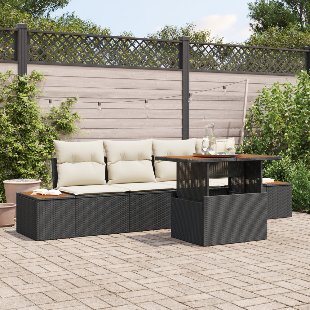 5-piece Garden Dining Set with Cushions, Black Poly Rattan Acacia