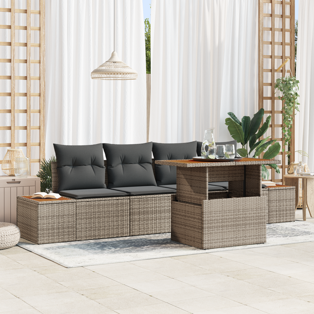 5 Piece Garden Dining Set with Grey Poly Rattan Acacia Cushions