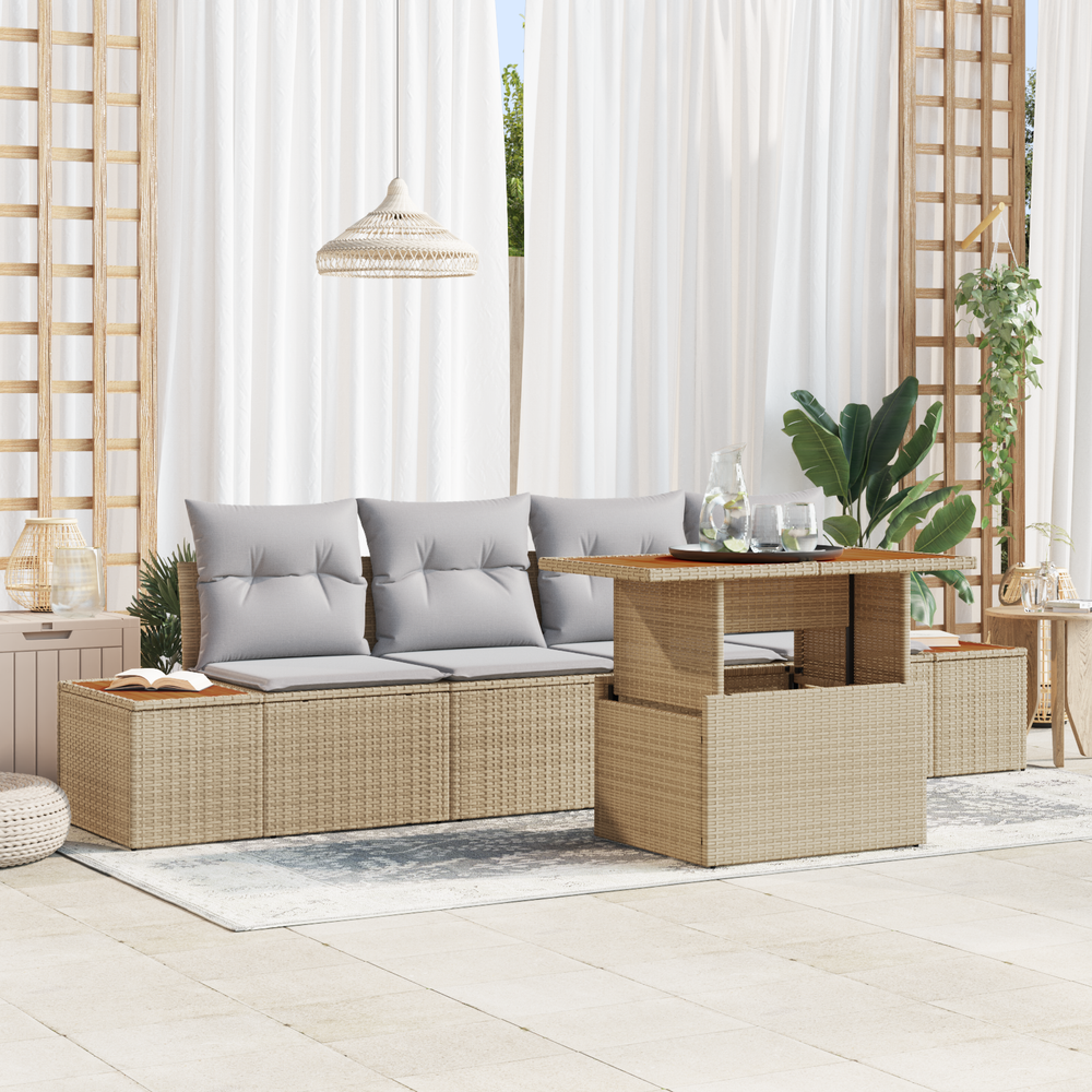 5-piece garden dining set with cushions, sand-coloured poly rattan and acacia wood