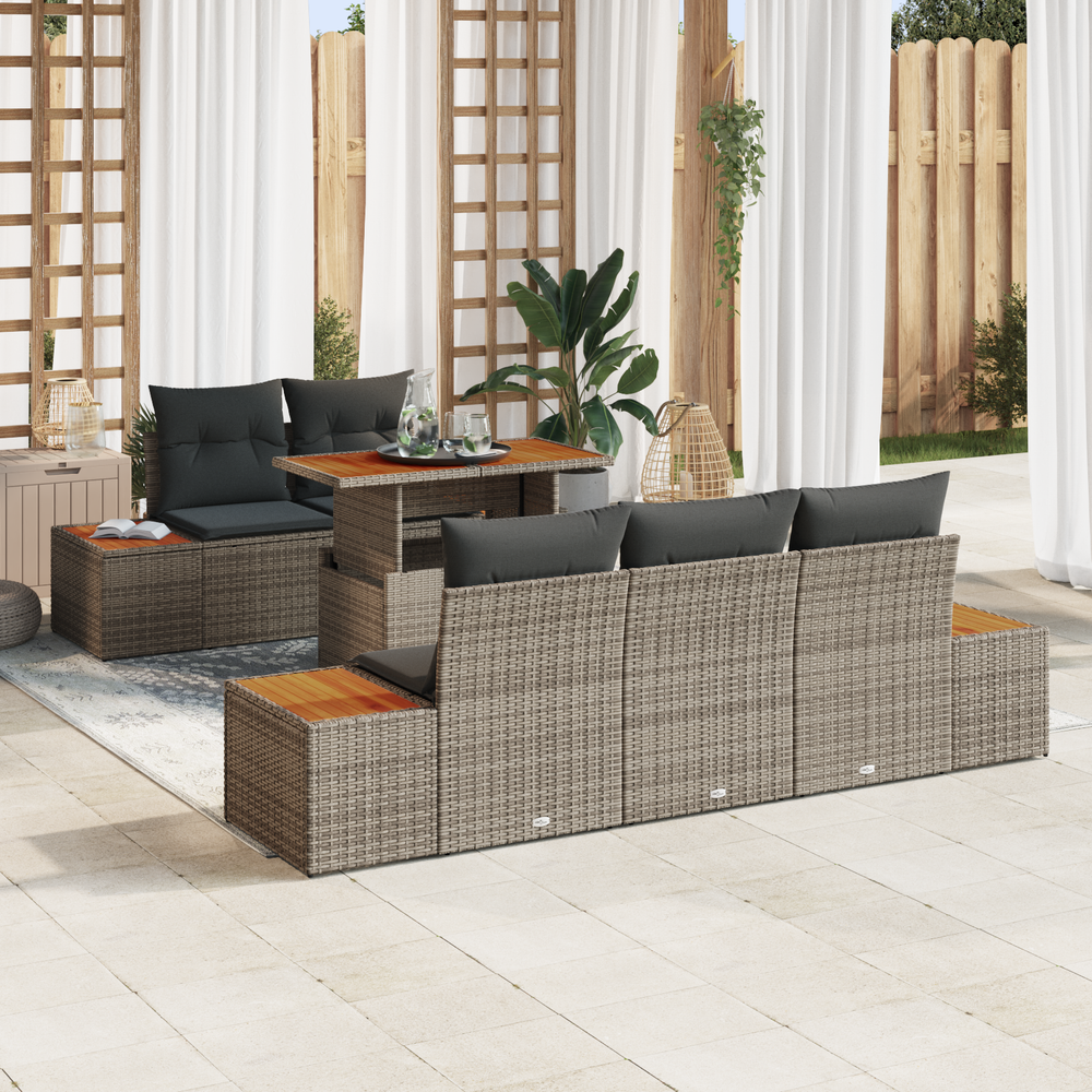 6-piece garden dining set with cushions, grey, poly rattan, acacia wood