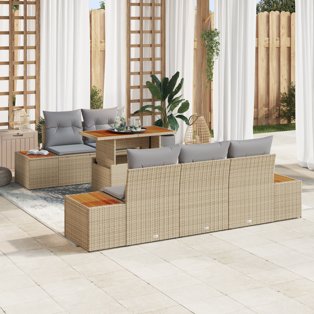 6 Piece Garden Dining Set with Cushions Beige Poly Rattan Acacia Wood.
