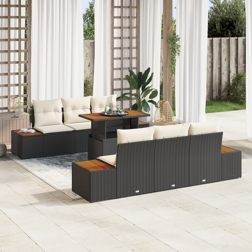 7-piece garden dining set with cushions, black, poly rattan, acacia wood.