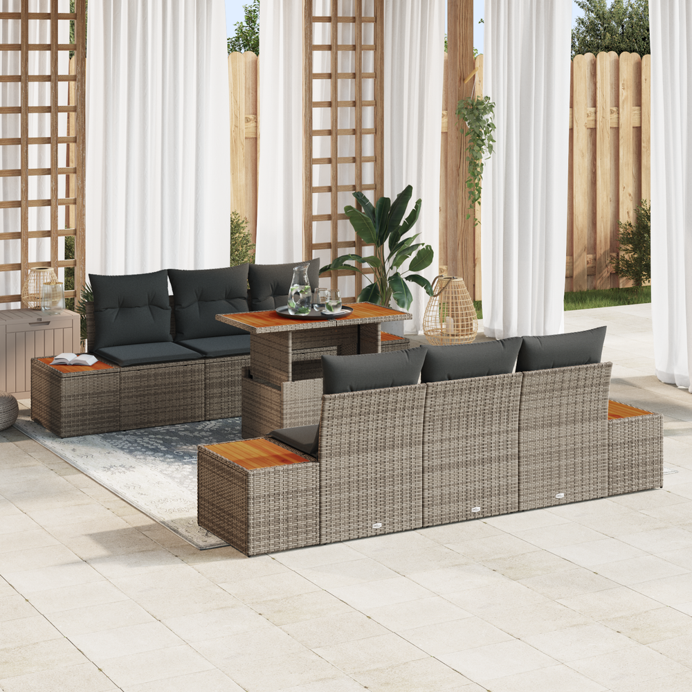 7-piece outdoor dining set with cushions, grey poly rattan and acacia wood