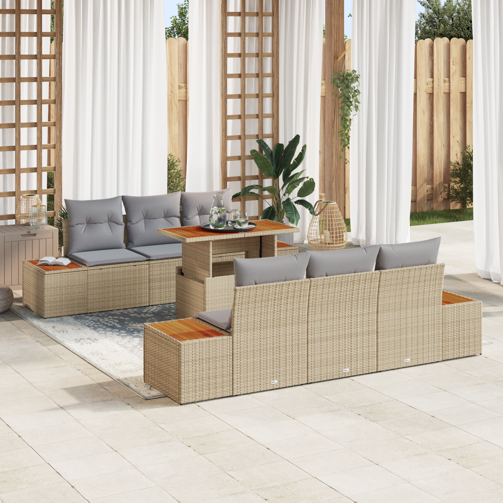 7-piece garden dining set with cushions sand, poly rattan, acacia wood