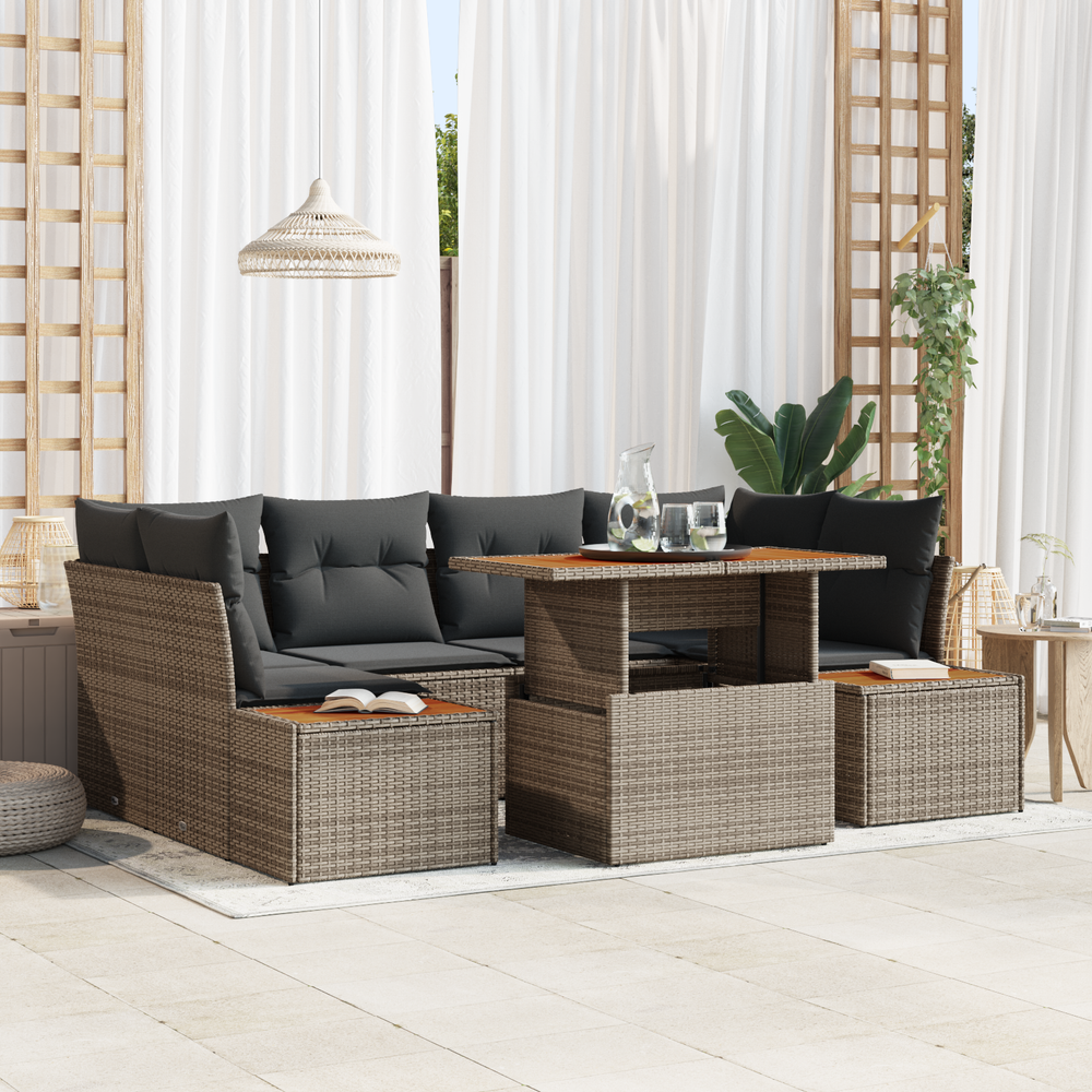 7-piece garden dining set with cushions, grey poly rattan, acacia wood