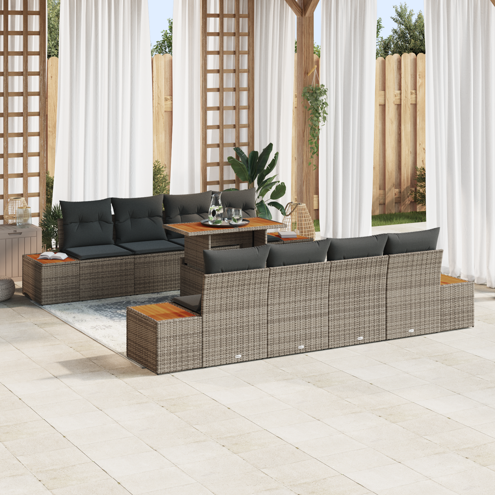 9-piece garden dining set with cushions, light grey poly rattan and acacia wood