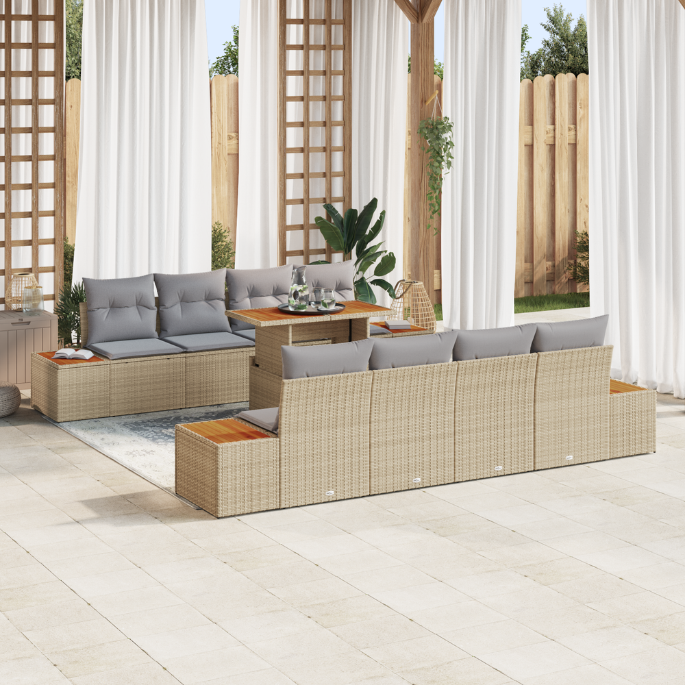9-piece garden dining set with cushions, beige poly rattan, acacia