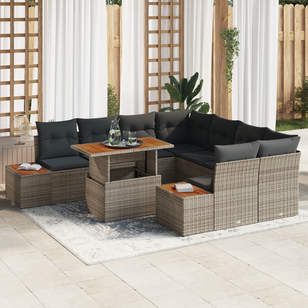9-piece garden dining set with cushions, grey poly rattan acacia