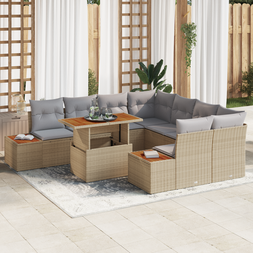 9-piece outdoor dining set with cushions, beige poly rattan, acacia wood