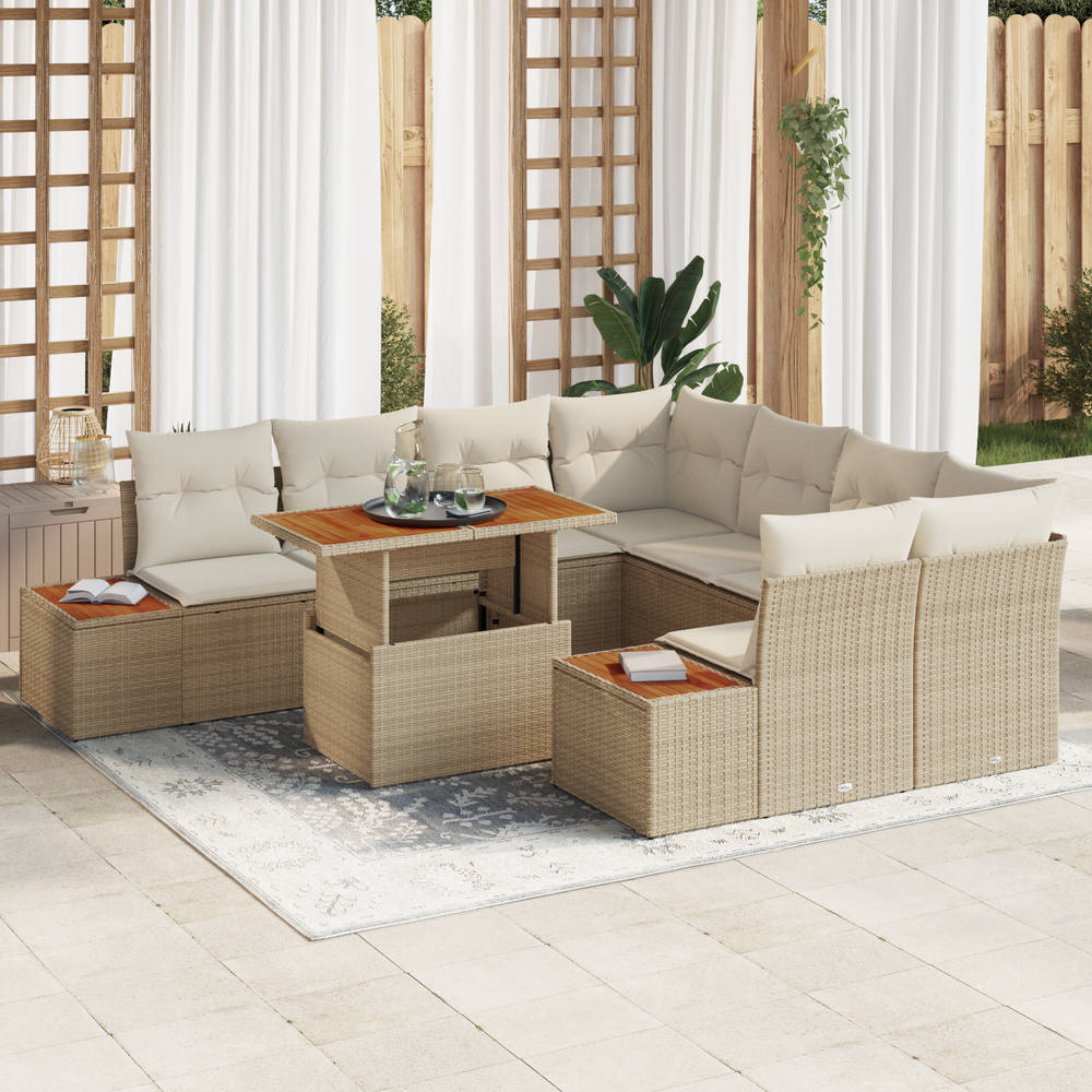 9-piece garden dining set with cushions, beige poly rattan and acacia