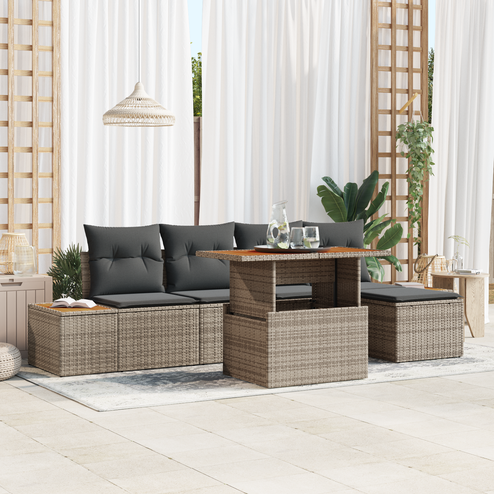 6-Piece Garden Dining Set with Cushions, Grey Poly Rattan, Acacia Wood
