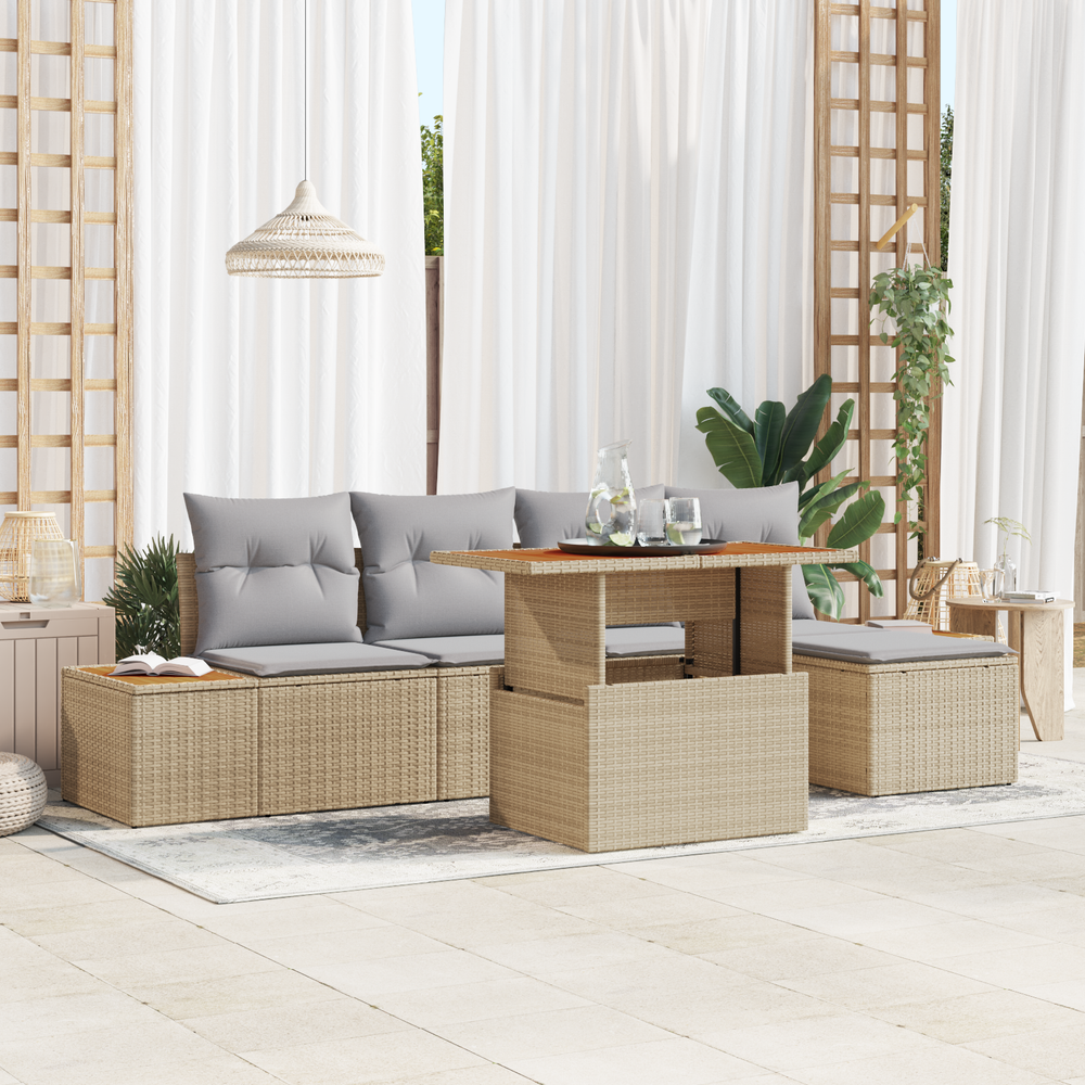 6-piece garden dining set with beige cushions in poly rattan and acacia