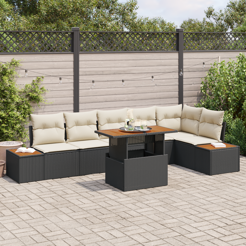7-piece garden dining set with cushions, black poly rattan, acacia wood