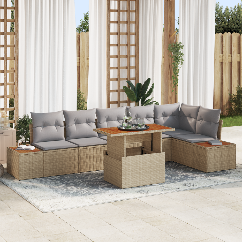 7-piece Garden Dining Set with Cushions, Sand, Poly Rattan, Acacia