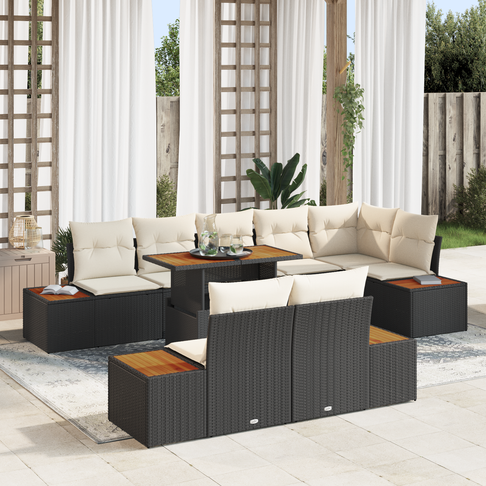 9-piece garden dining set with cushions, black poly rattan, acacia wood