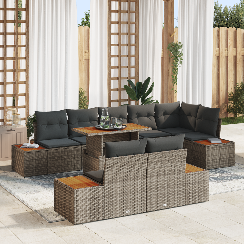 9-piece garden dining set with cushions, grey, poly rattan, acacia