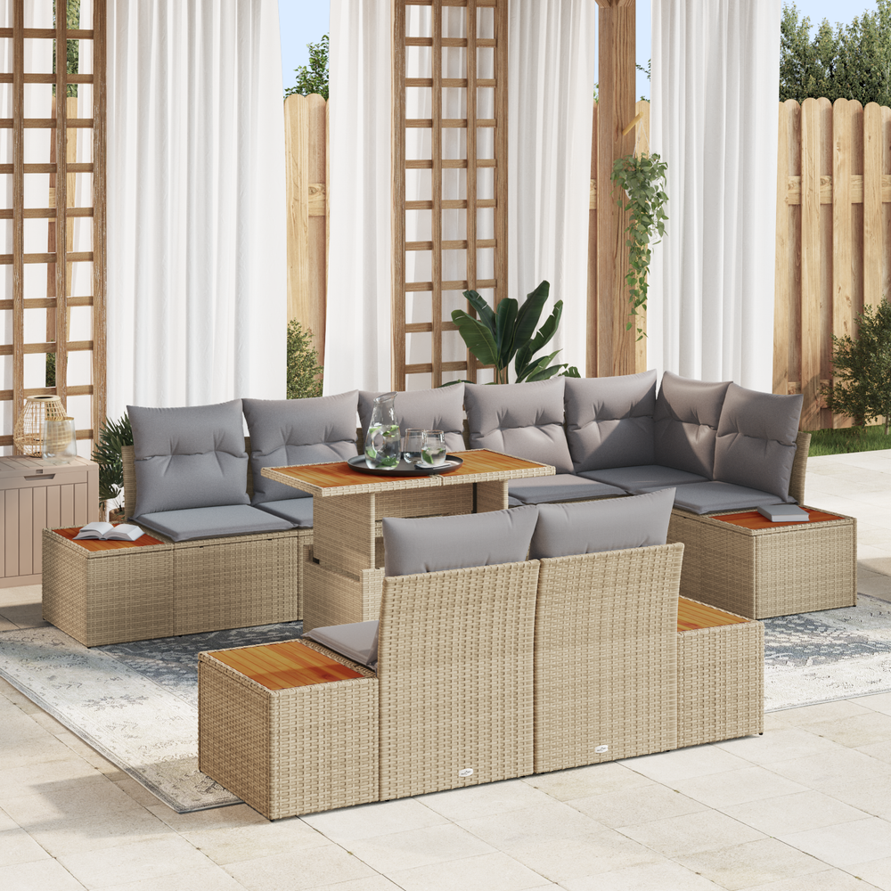 9-piece garden dining set with cushions, sand-colored, made of poly rattan and acacia wood