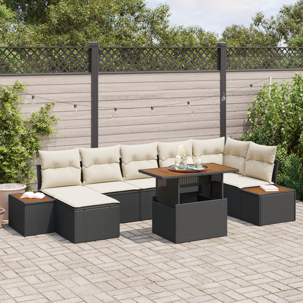 8-piece outdoor dining set with cushions, black poly rattan and acacia wood