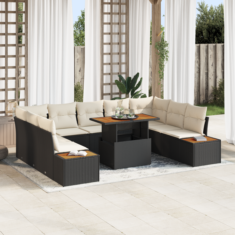 10-piece garden dining set with cushions, black poly rattan, acacia