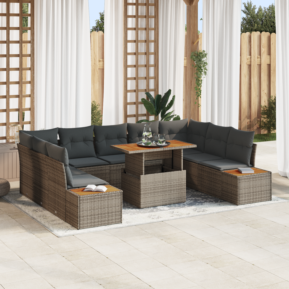 10-piece garden dining set with cushions, grey poly rattan, acacia wood