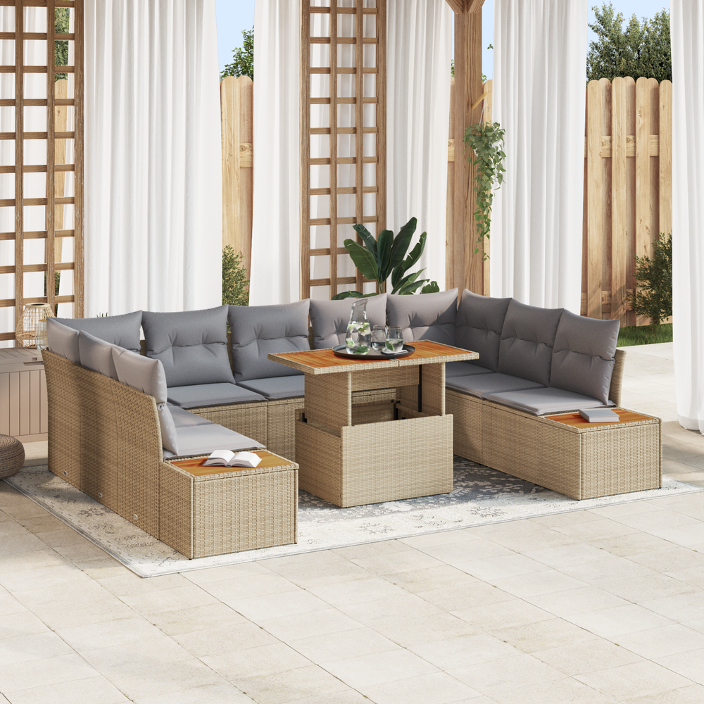 10-piece garden dining set with cushions, sand-coloured poly rattan, acacia wood