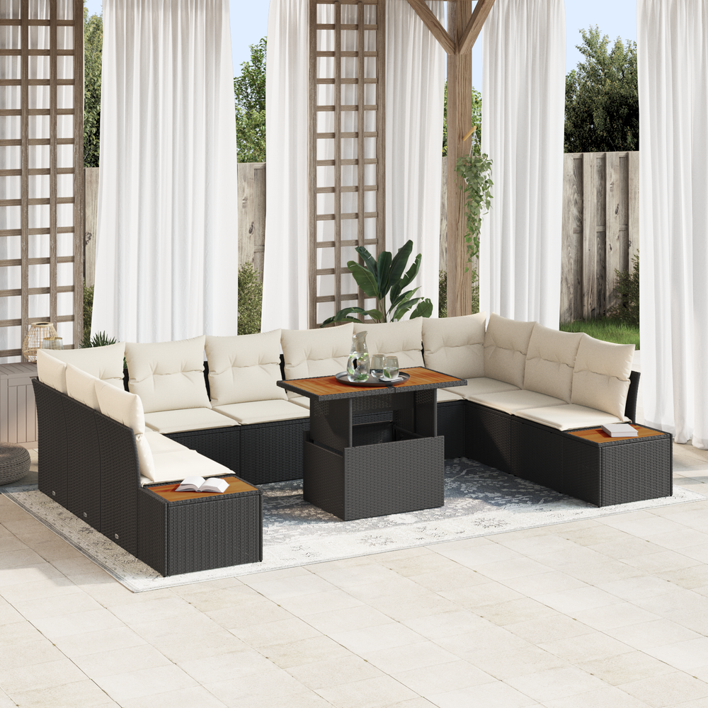 11-piece Garden Dining Set with Cushions Black Poly Rattan Acacia