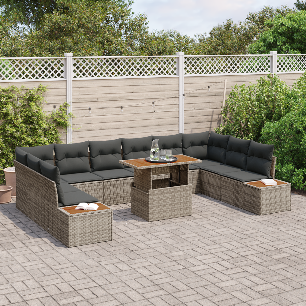 11-piece garden dining set with grey cushions. Poly rattan, acacia.